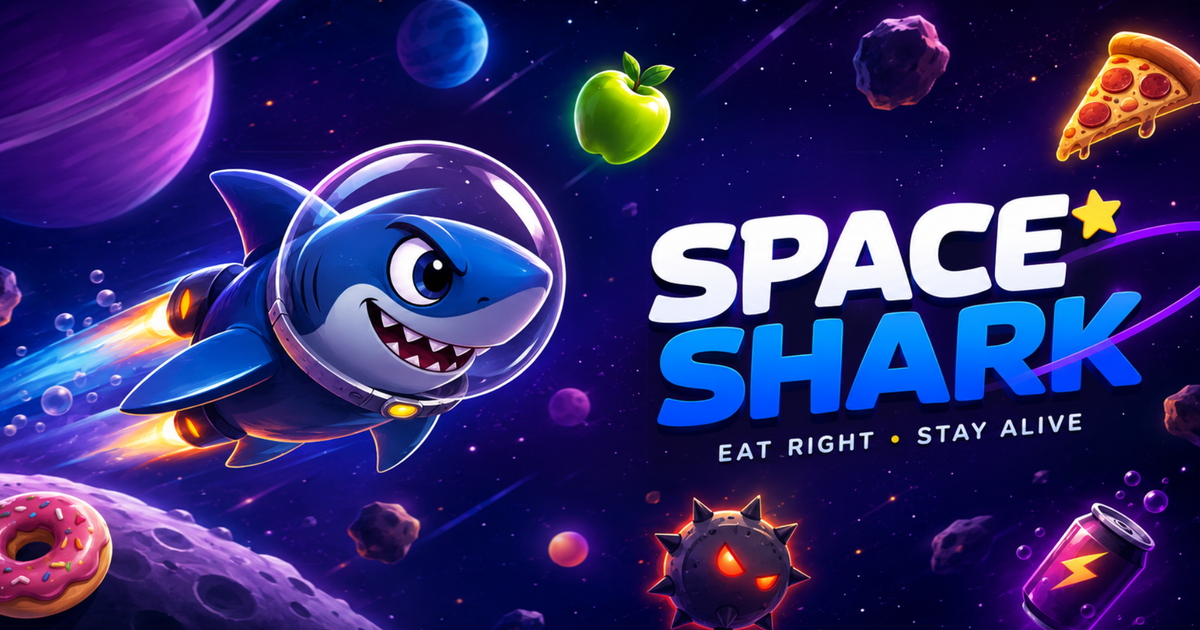 Space Shark artwork showing the jetpack shark and daily challenge food and hazards